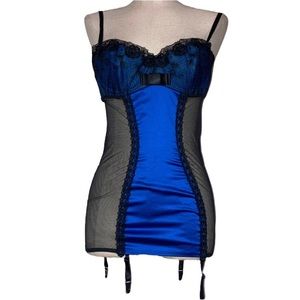Shirley of Hollywood Lace Satin Chemise Corset Top Lingerie Black Blue Size XL